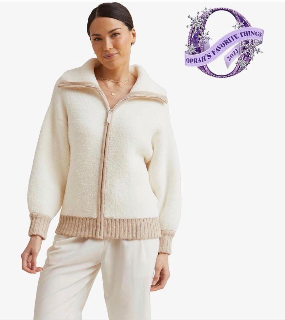 Kashwere $199 Women's Cozy Plush Full Zip Ribbed Trim Jacket Cream Tan Small NWT